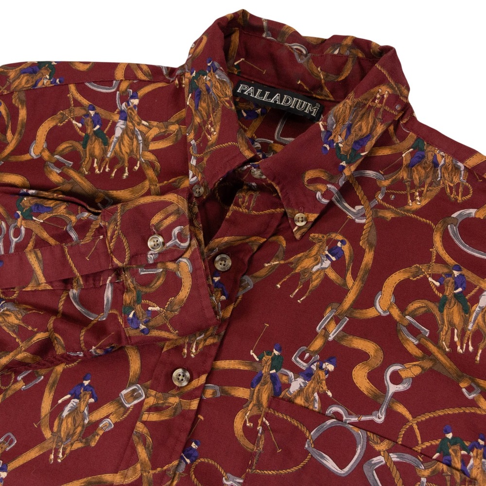 VTG Palladium Button Down Shirt Polo Print Mens L Burgundy Cotton USA